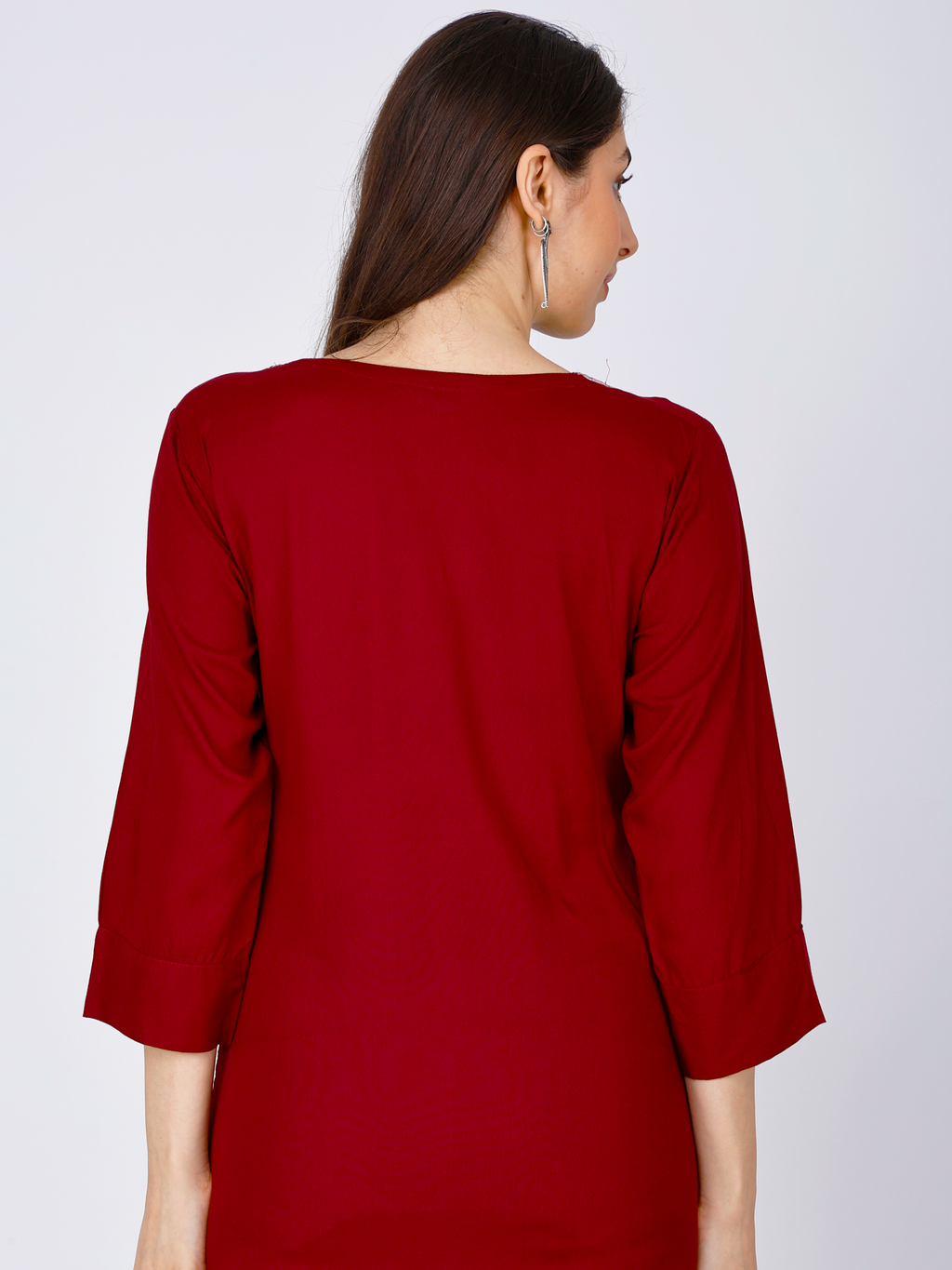 Women's red short kurti with 3/4 sleeves, back view