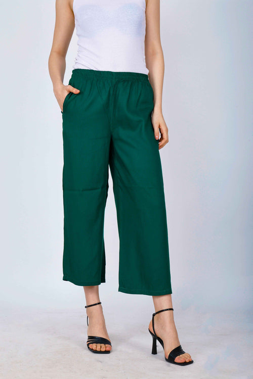 Women’s dark green palazzo pants, wide cropped legs with gathered waist