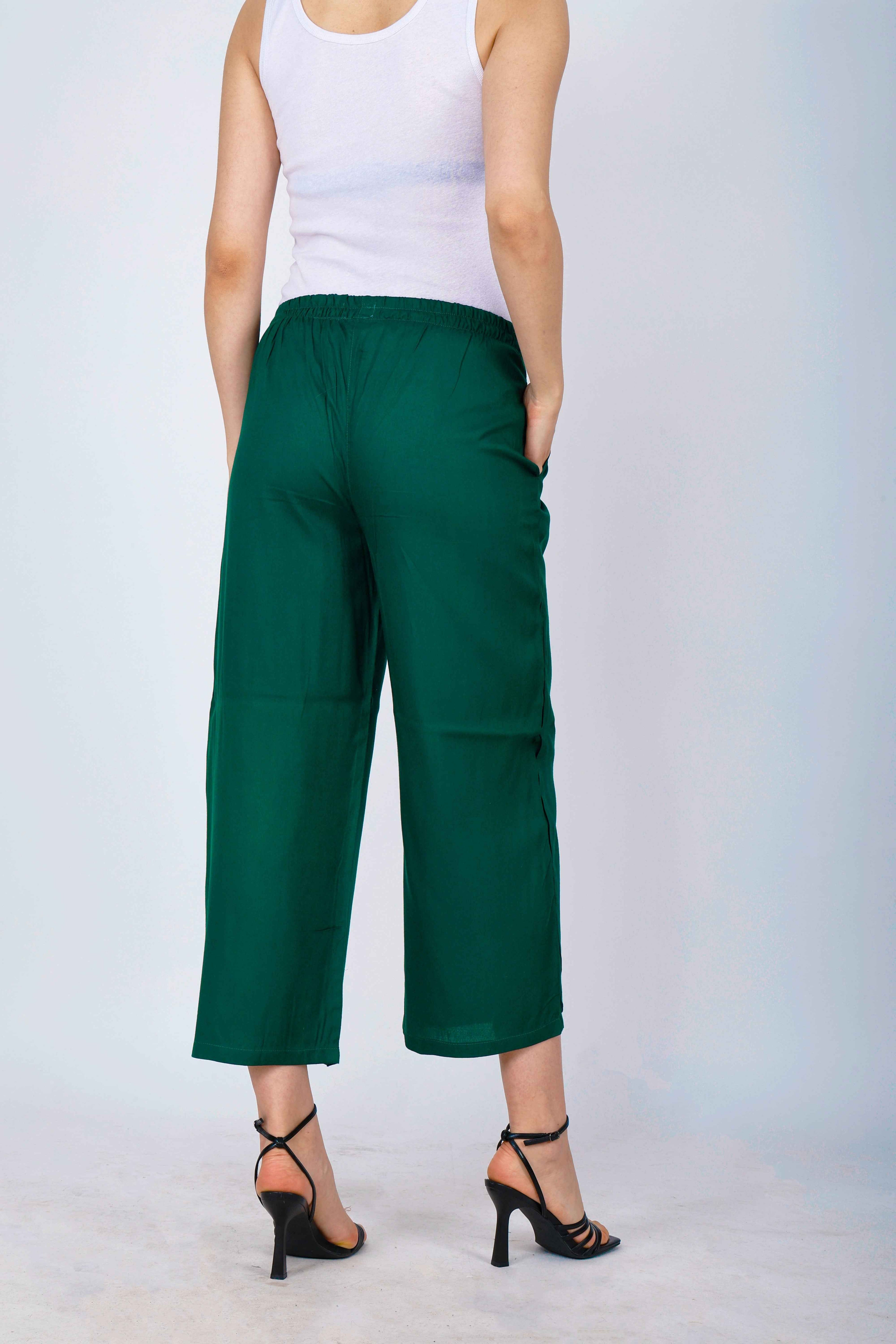Women’s dark green palazzo pants with wide legs and elastic waist, full length