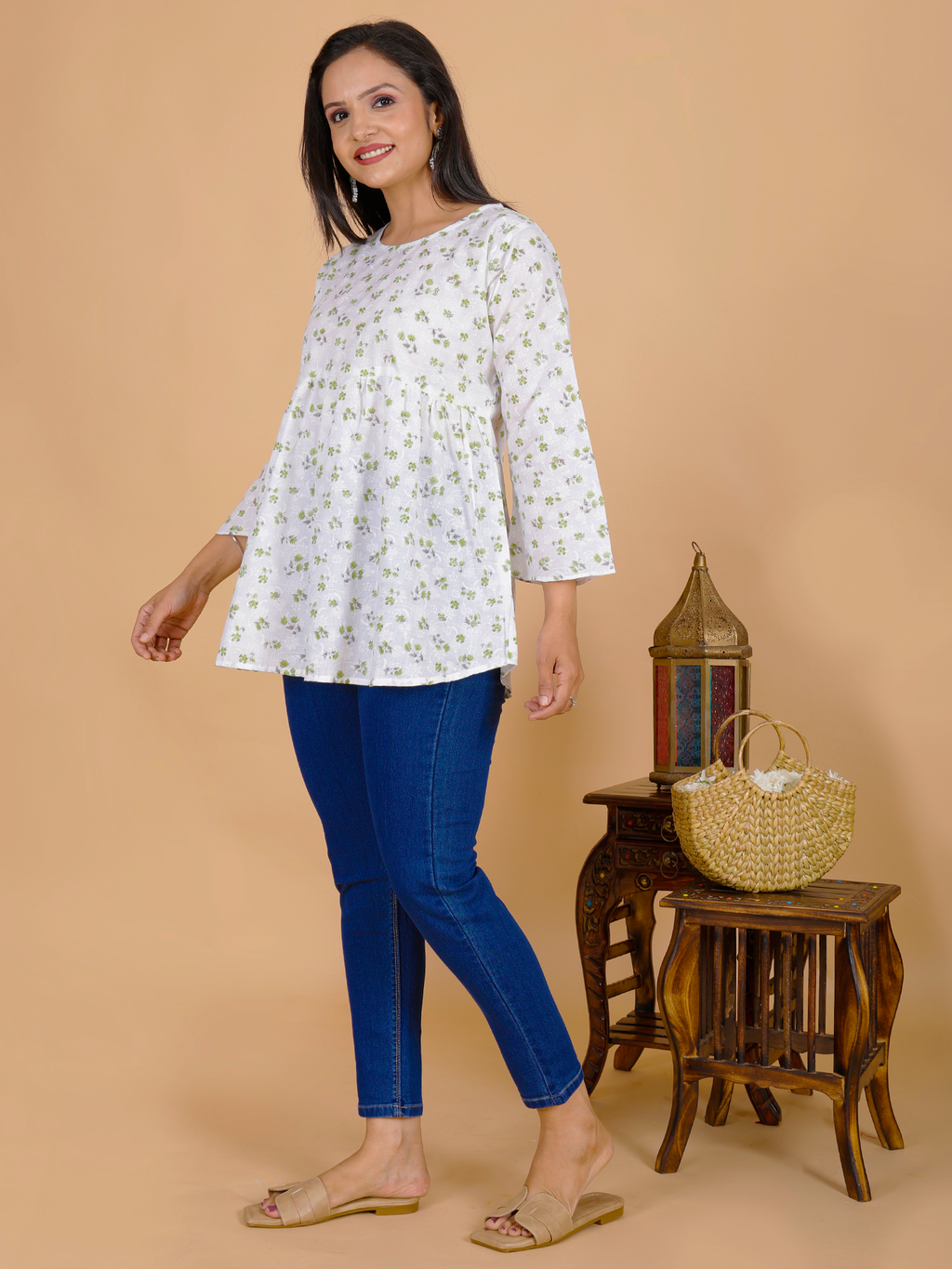 Floral tunic dress, white with small green print, gathered bodice, 3/4 sleeves, round neck