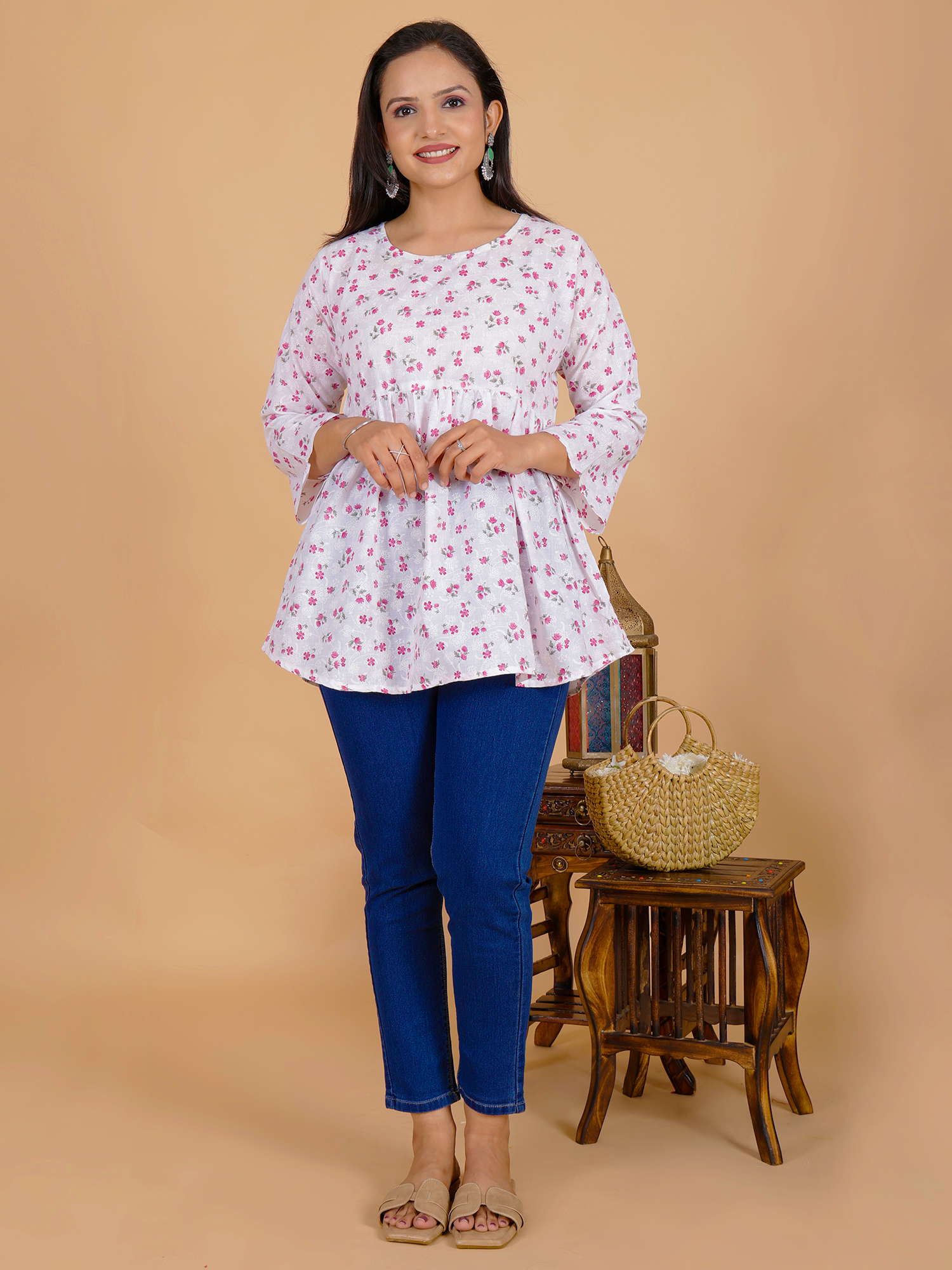 Women's floral tunic top, white with maroon/pink small flower print