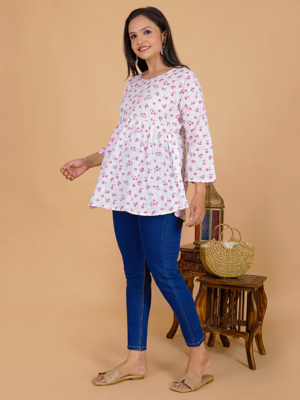 Floral tunic top, round neck, white with maroon/pink blossoms and flared hem