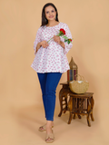 Floral tunic top, white with maroon/pink flower print, gathered waist and flared hem