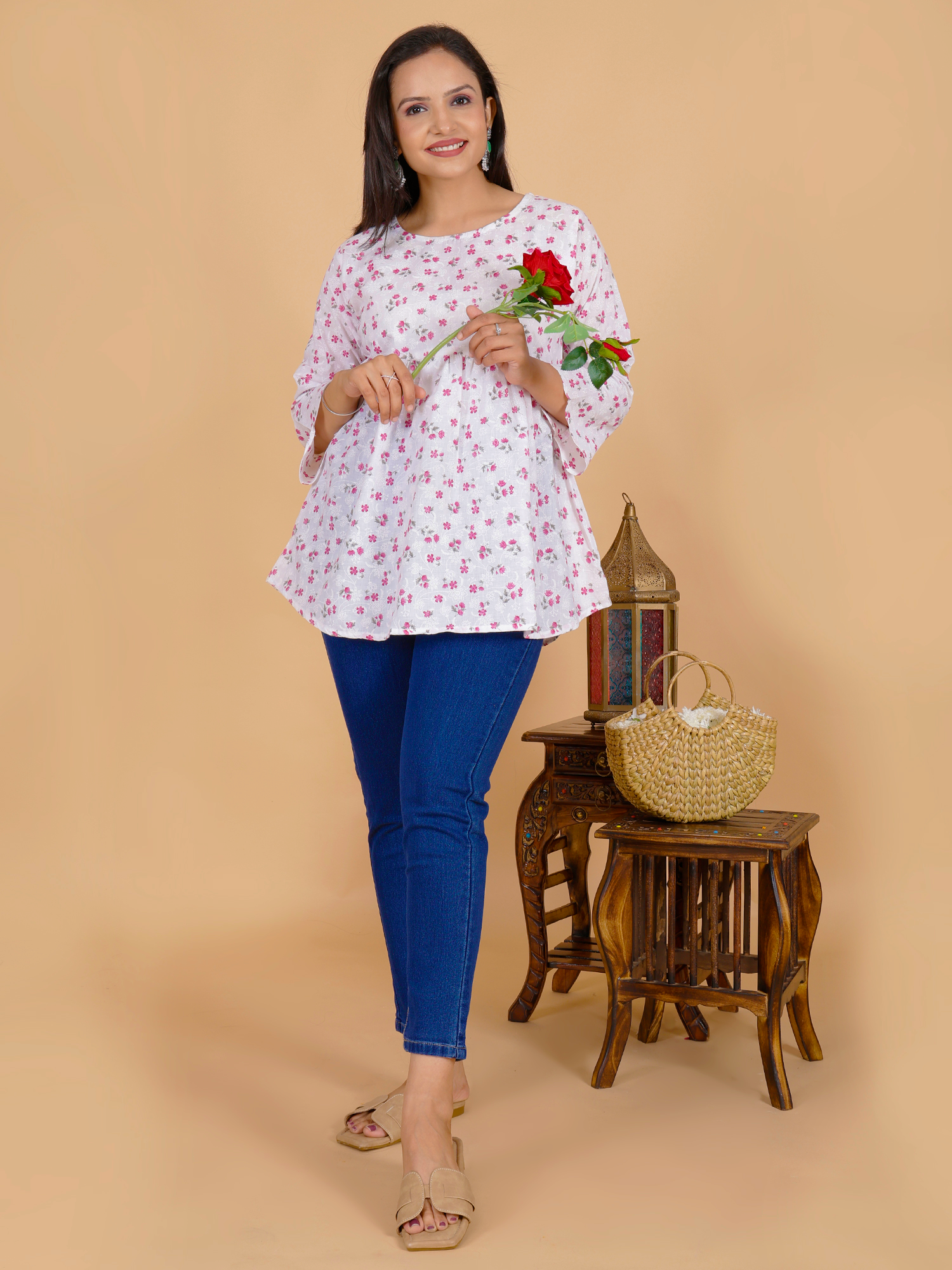 Floral tunic top, white with maroon/pink flower print, gathered waist and flared hem