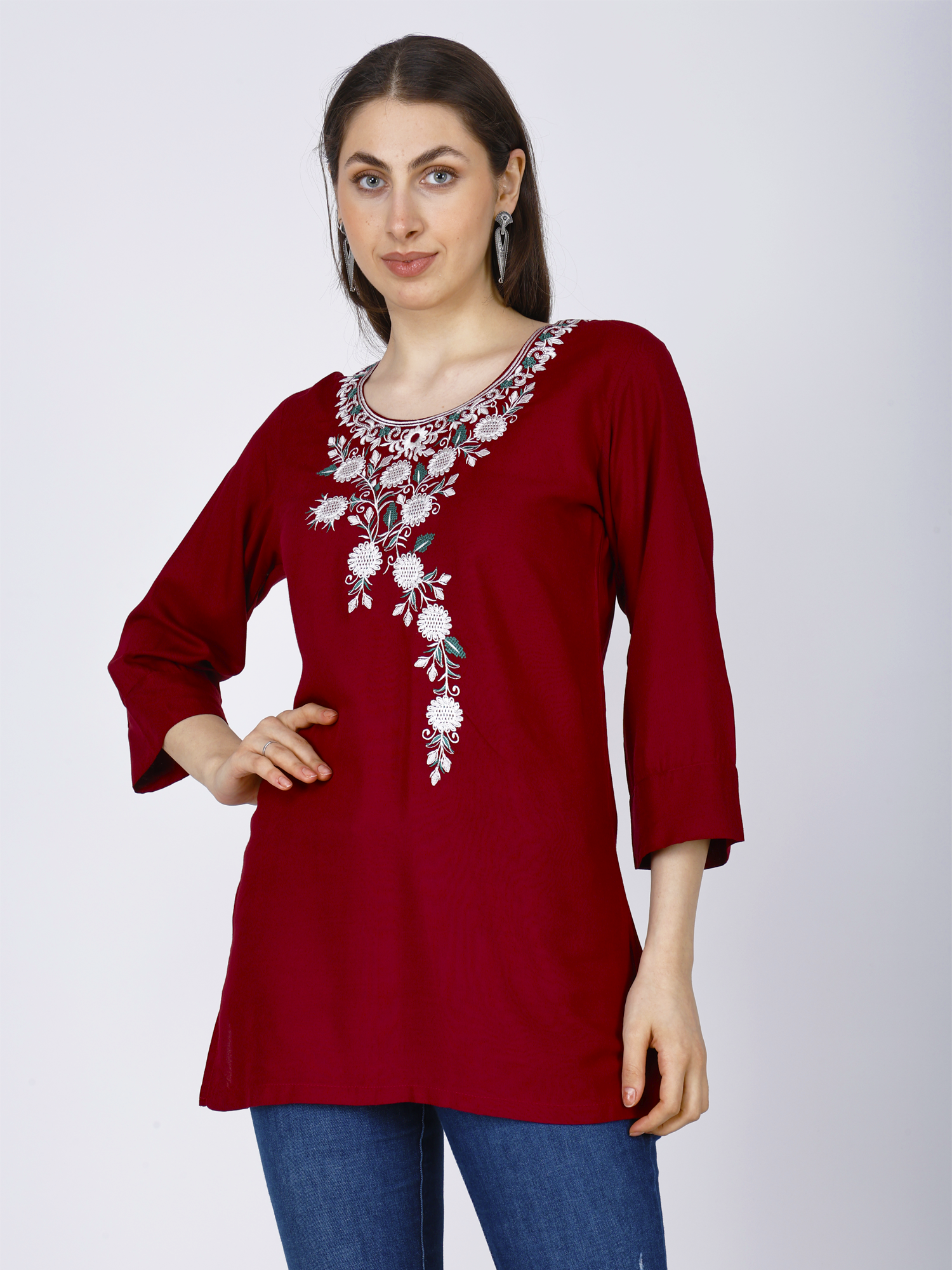 Women's red short kurti with white floral neckline embroidery, 3/4 sleeves