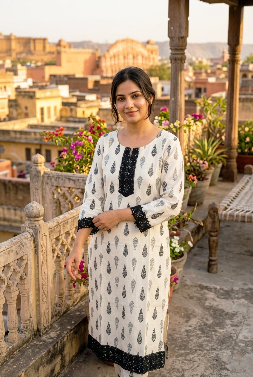 Women’s cotton kurti in off-white with dark motifs and black lace-trimmed front panel