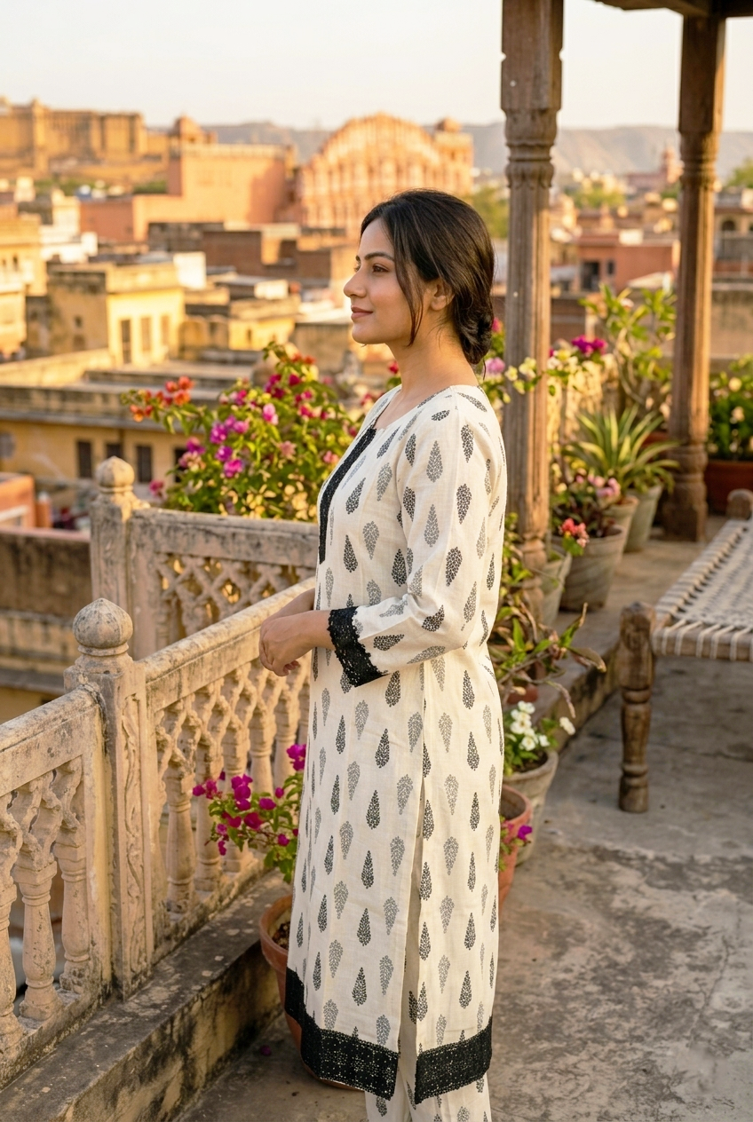 Women’s cotton kurti in off-white with repeating dark motifs and black lace cuffs