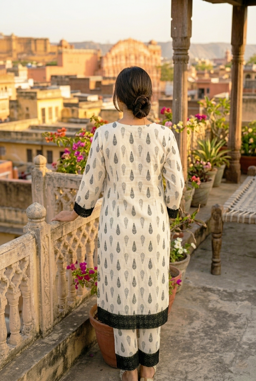 Women’s cotton kurti back view in off-white with dark motifs and black lace hem