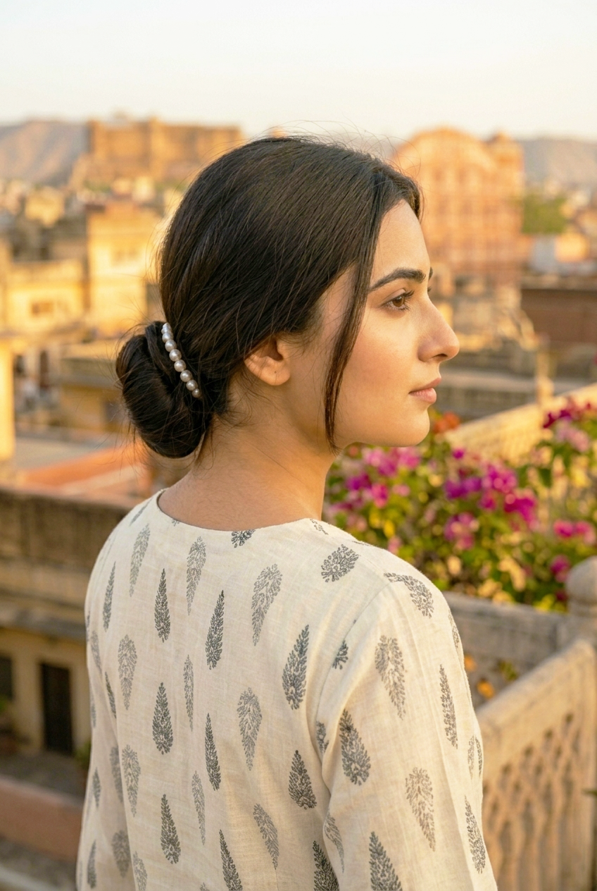 Women’s cotton kurti neckline and upper back in off-white with dark motif print