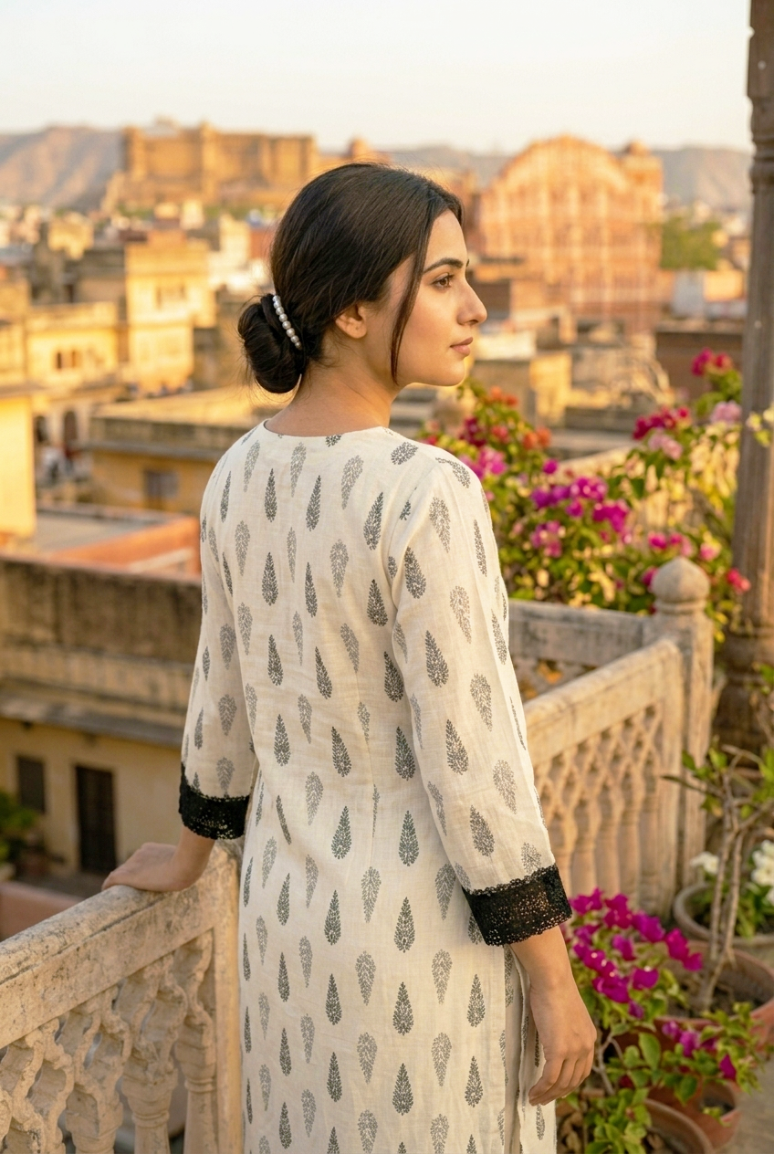 Women’s cotton kurti side view in off-white with dark motifs and black lace sleeve trim