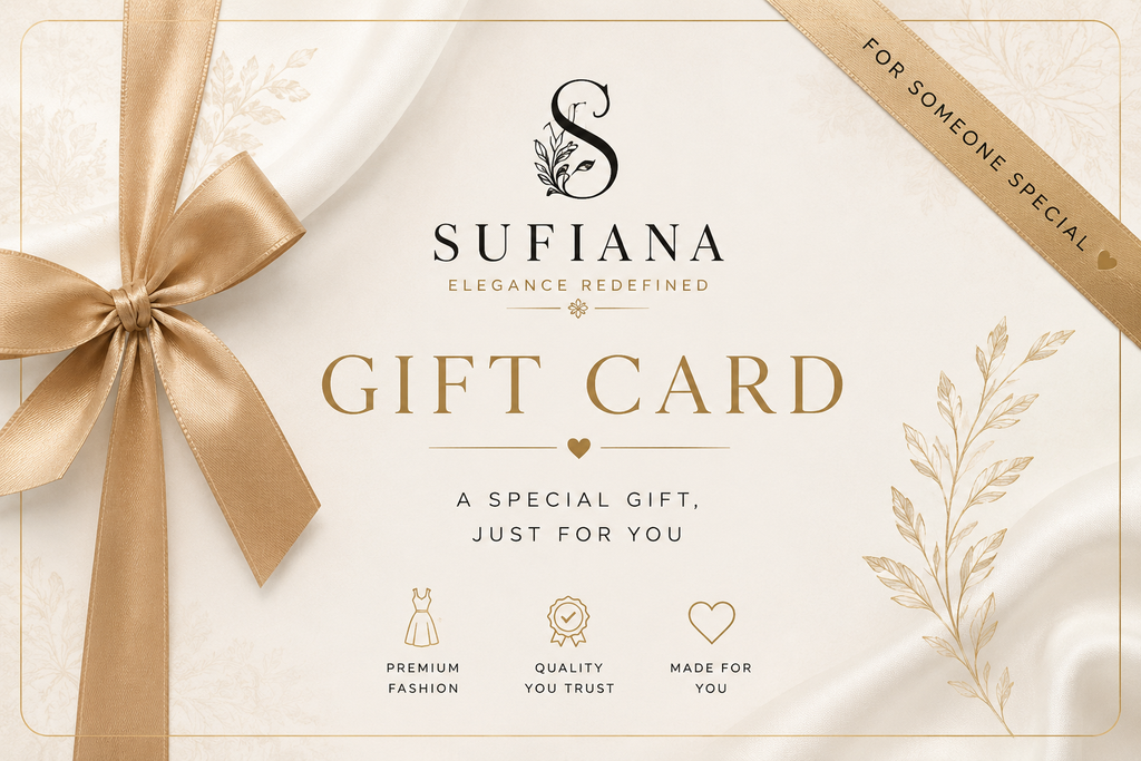 Sufiana gift card with gold ribbon bow and laurel accents