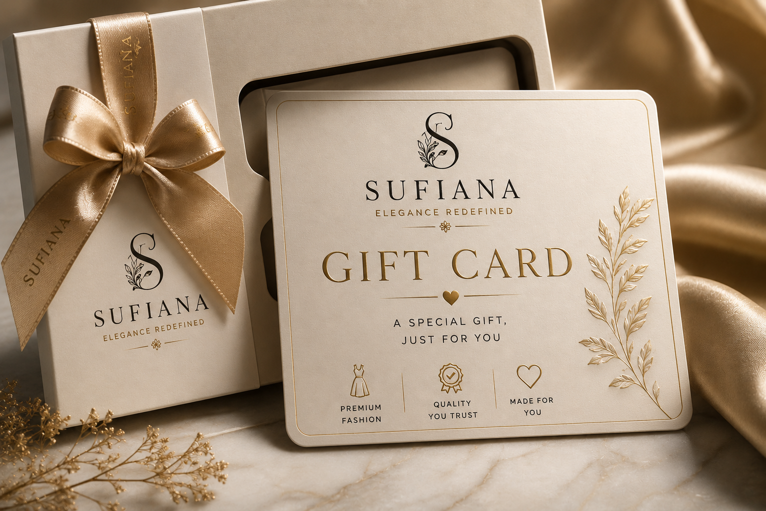 Gift card pack with gold satin bow and embossed Sufiana design