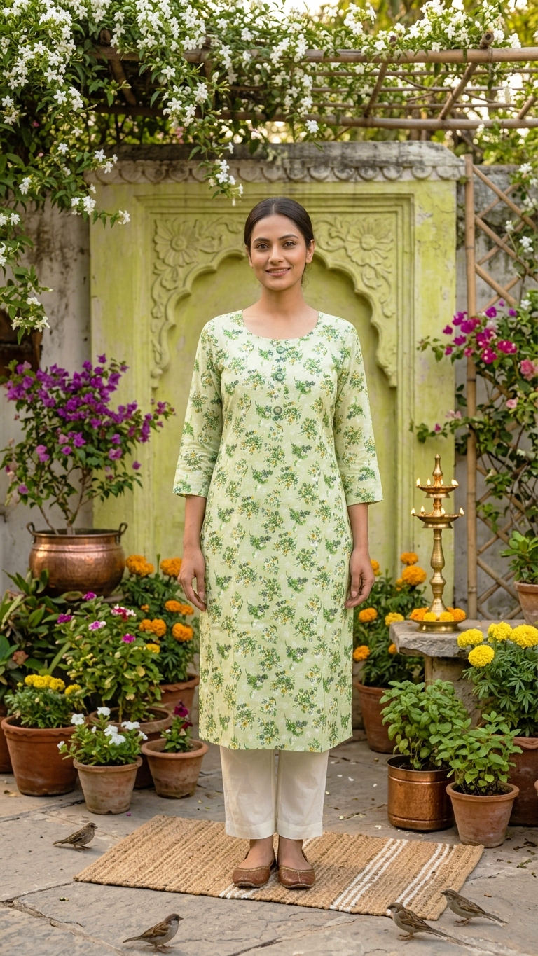 Light green printed cotton kurti with three-quarter sleeves and round neckline