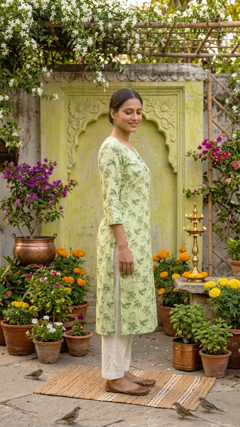 Light green printed cotton kurti with three-quarter sleeves, side view