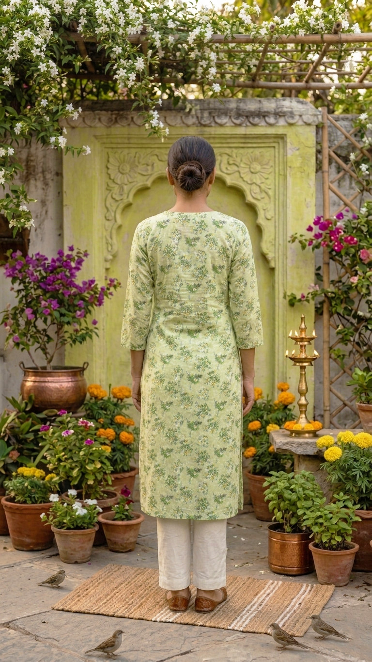 Light green printed cotton kurti, back view with three-quarter sleeves