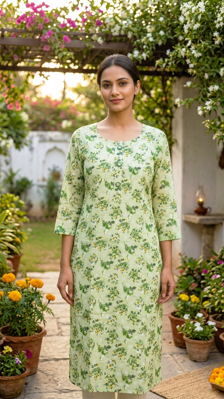 Light green printed cotton kurti with round neckline and three-quarter sleeves