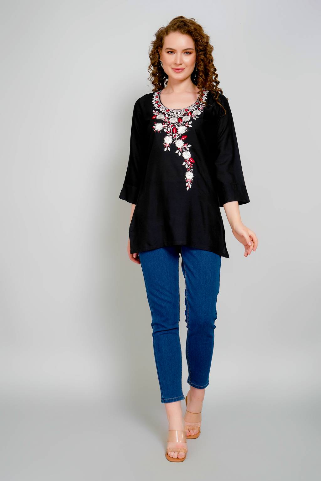 Women's black short kurta with floral embroidered front yoke and round neckline