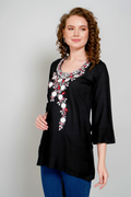 Women's black short kurta with floral embroidered neckline and three-quarter sleeves