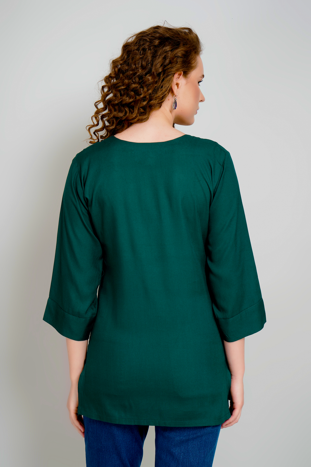 Dark green short kurti with 3/4 sleeves, plain back