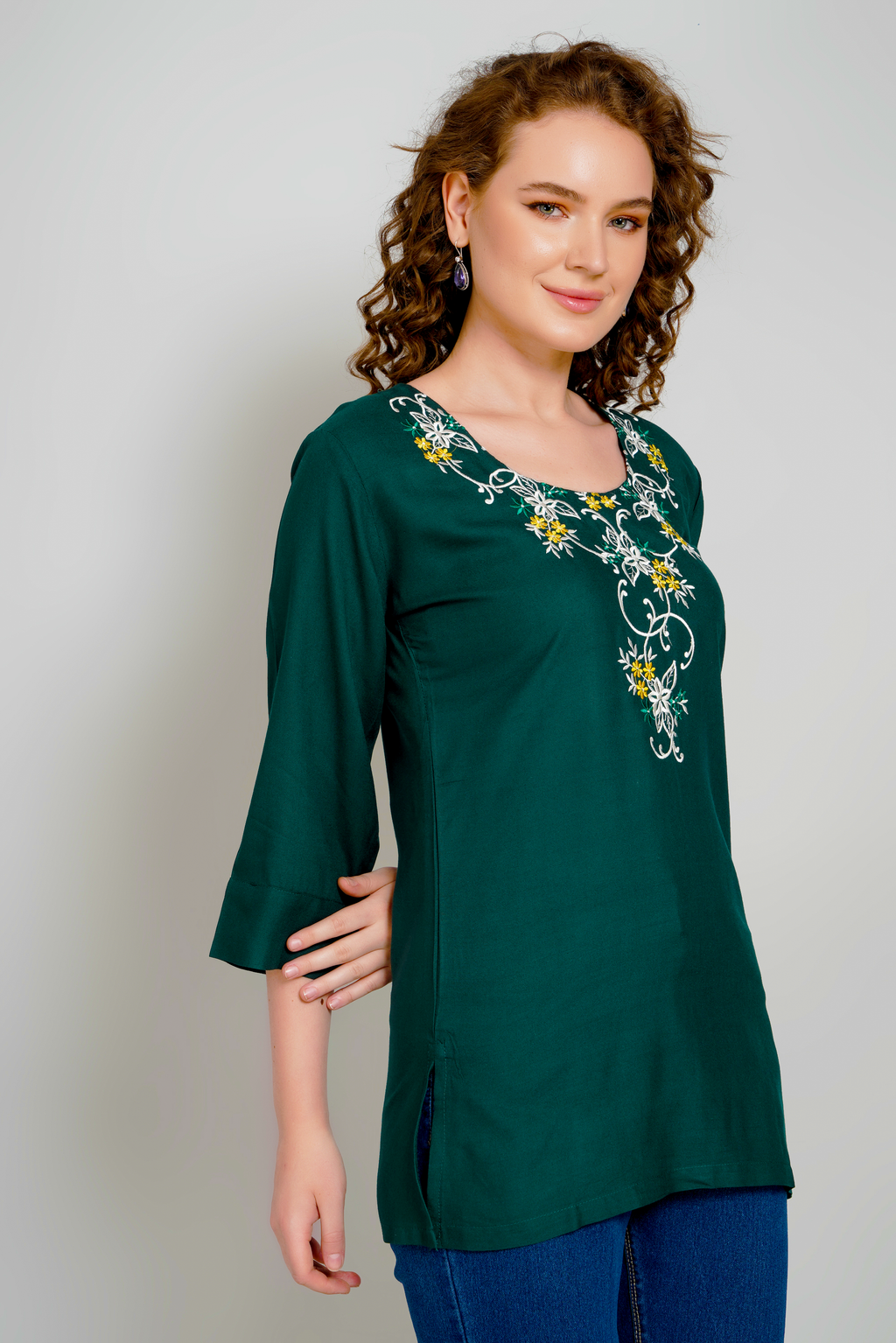 Dark green short kurti with gold embroidered floral panel, 3/4 sleeves