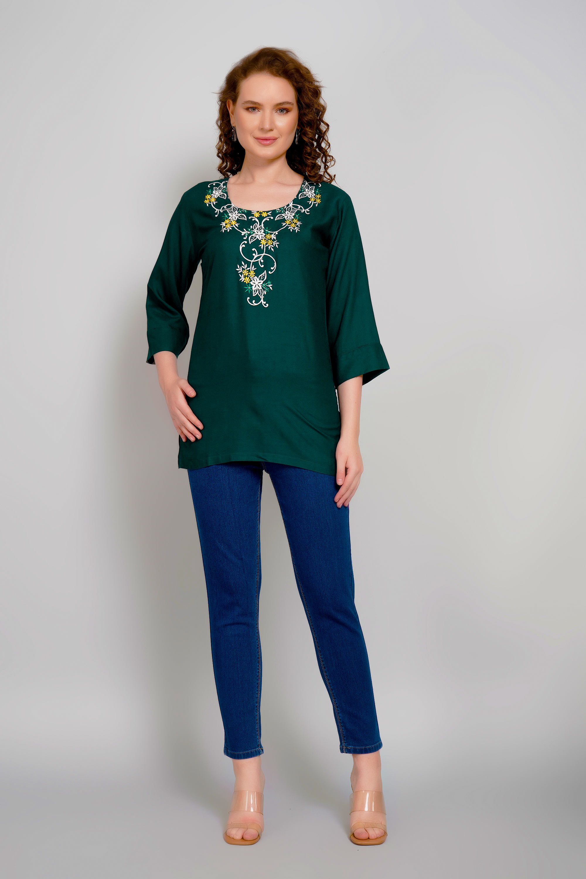 Dark green short kurti with gold floral yoke embroidery and straight hem