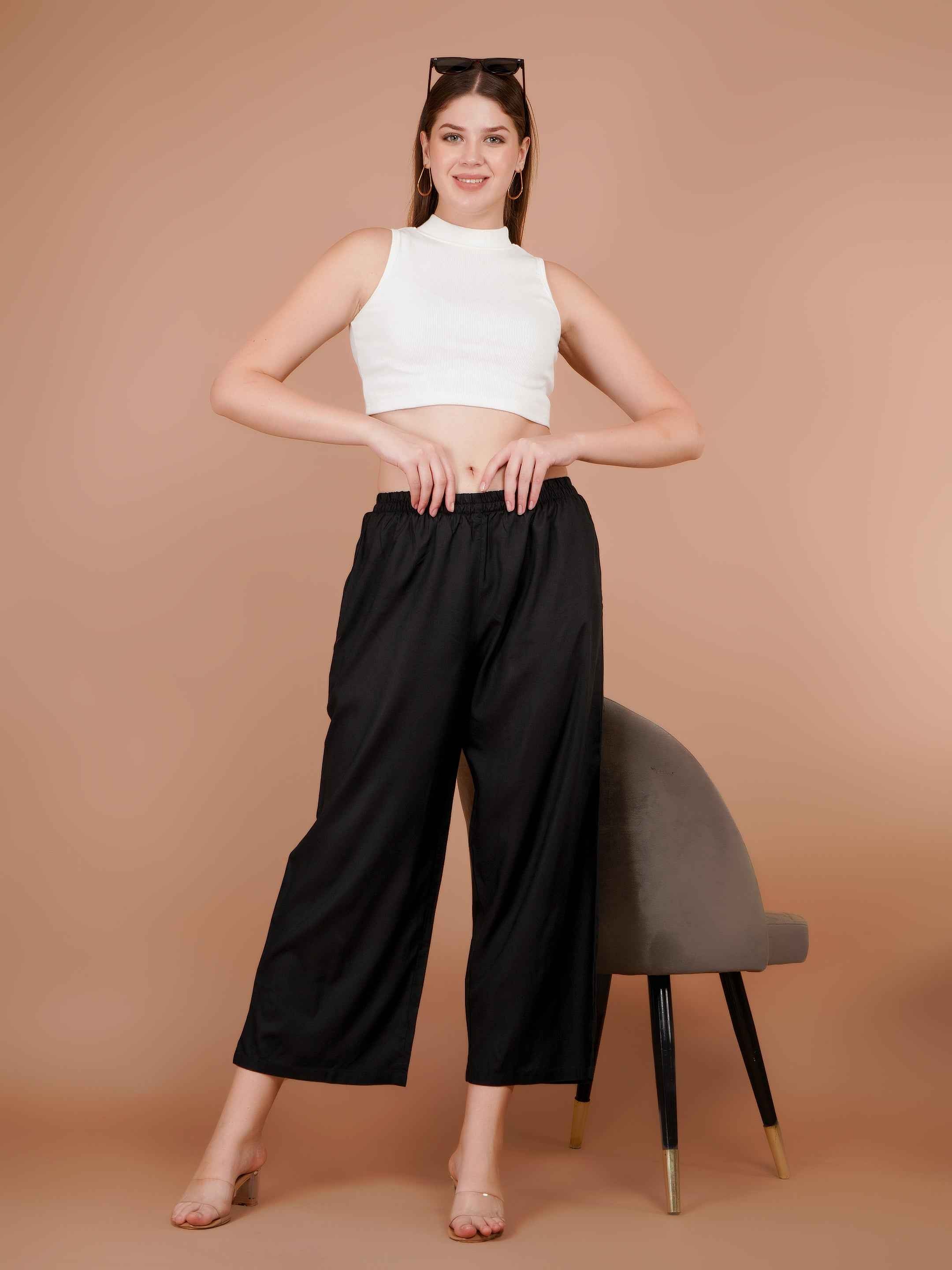 Women’s black palazzo pants with elastic waistband and wide-leg silhouette