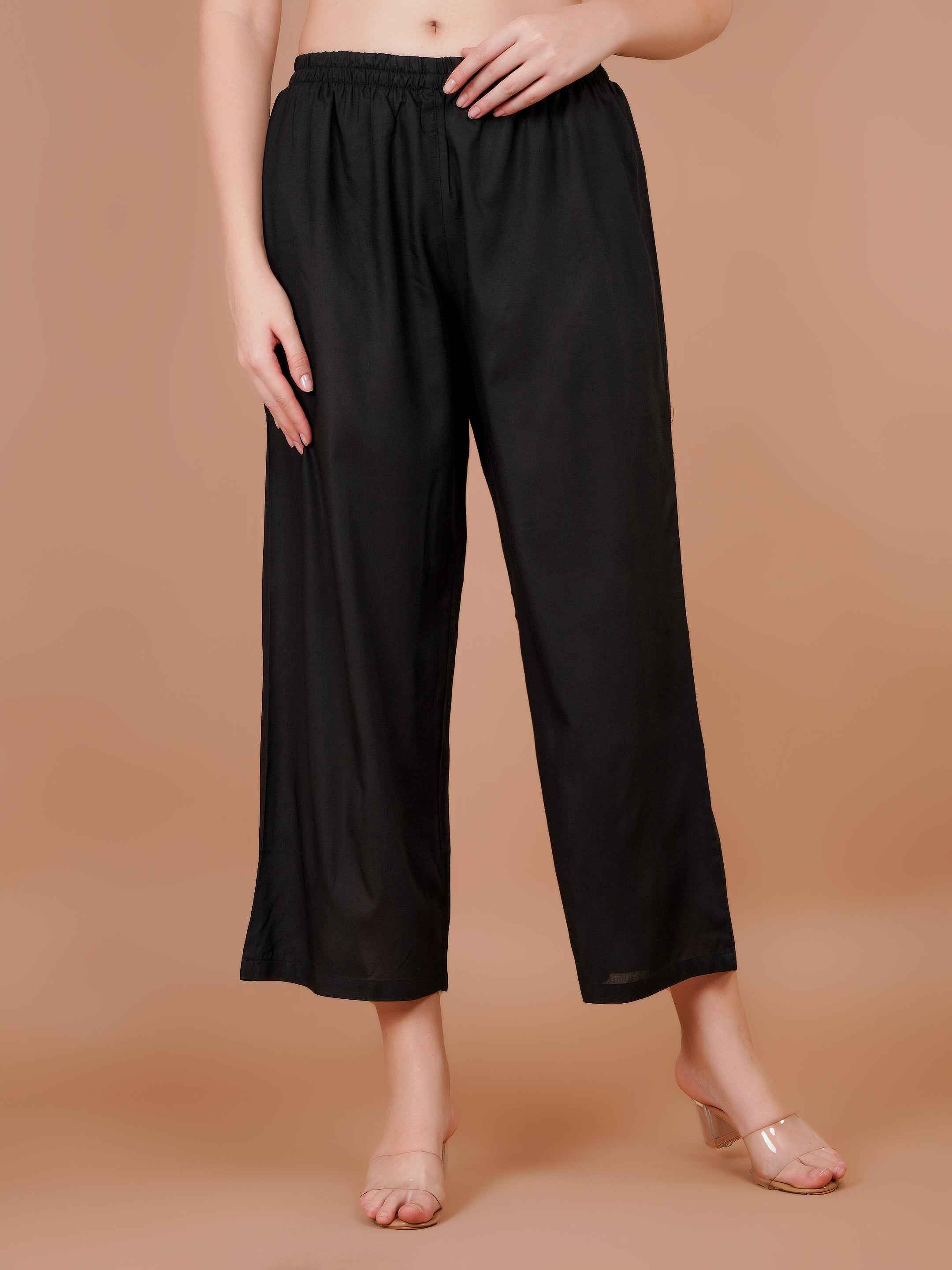 Women’s black wide-leg palazzo pants with gathered elastic waist, ankle-length