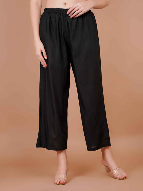 Women’s black wide-leg palazzo pants with gathered elastic waist, ankle-length