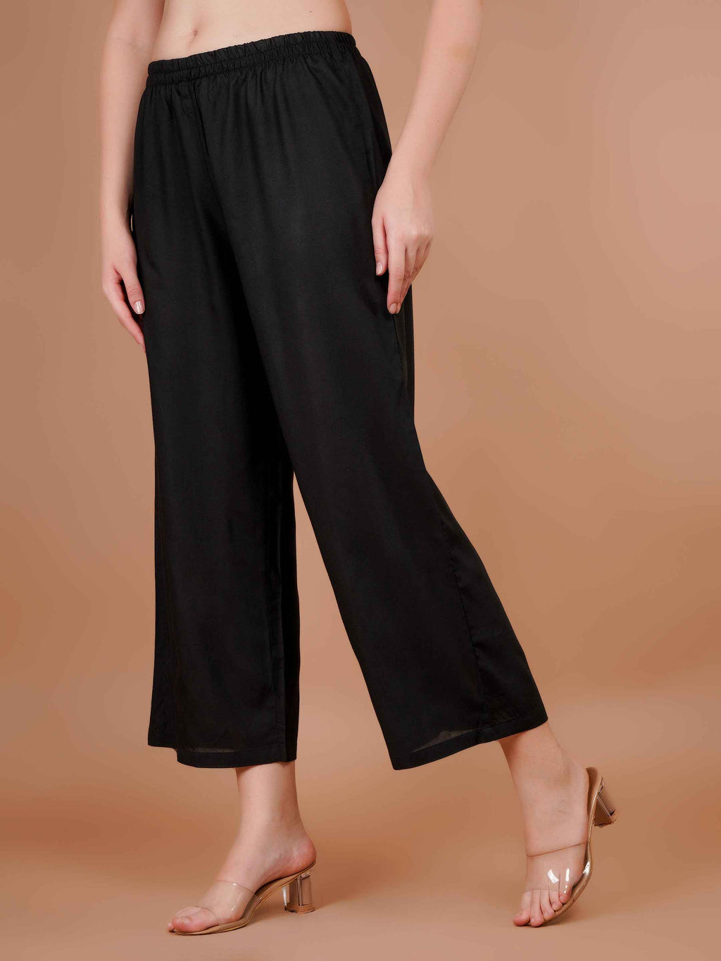 Women’s black palazzo pants with elastic waist and flowy wide legs
