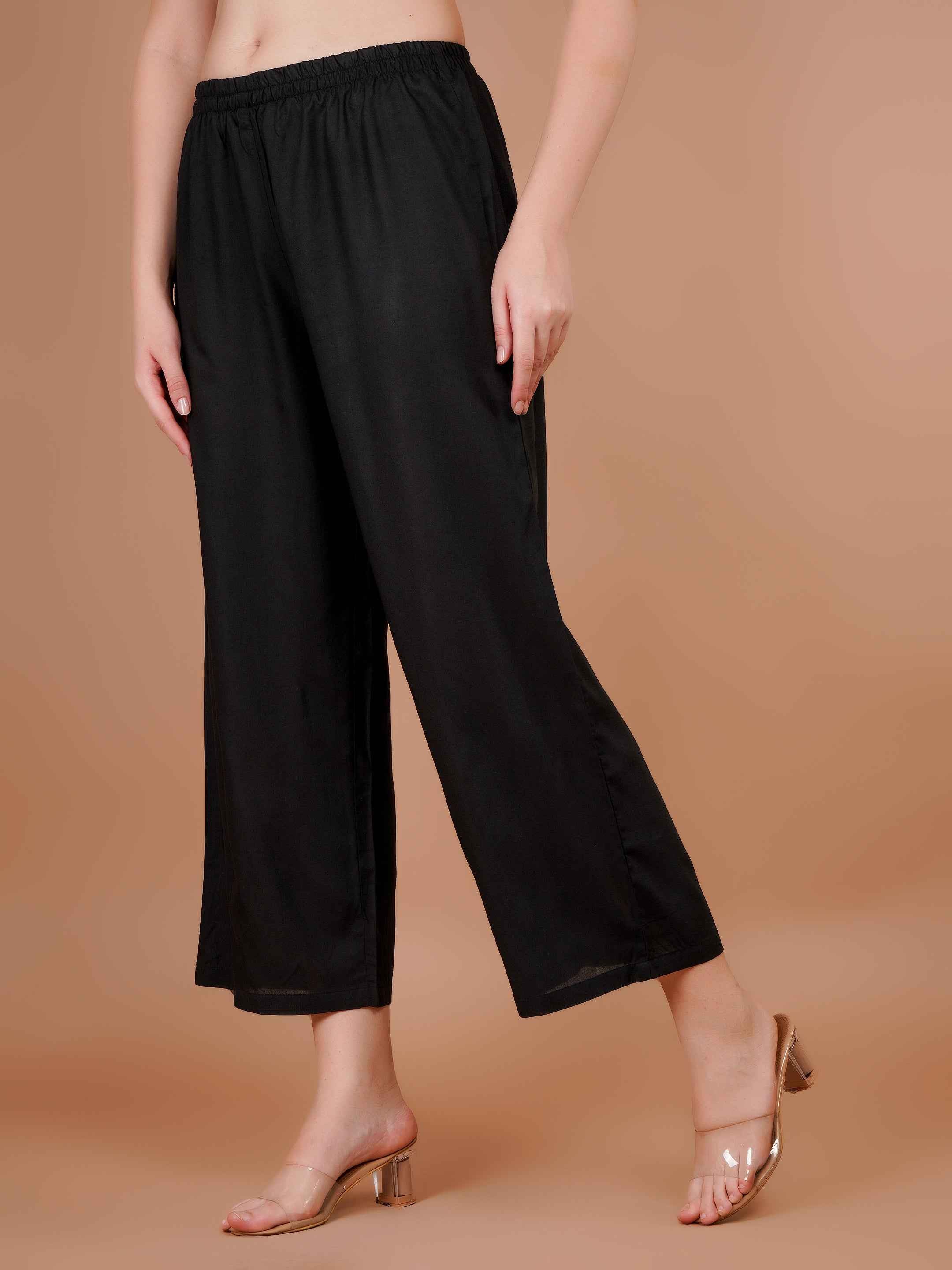 Women’s black palazzo pants with elastic waist and flowy wide legs