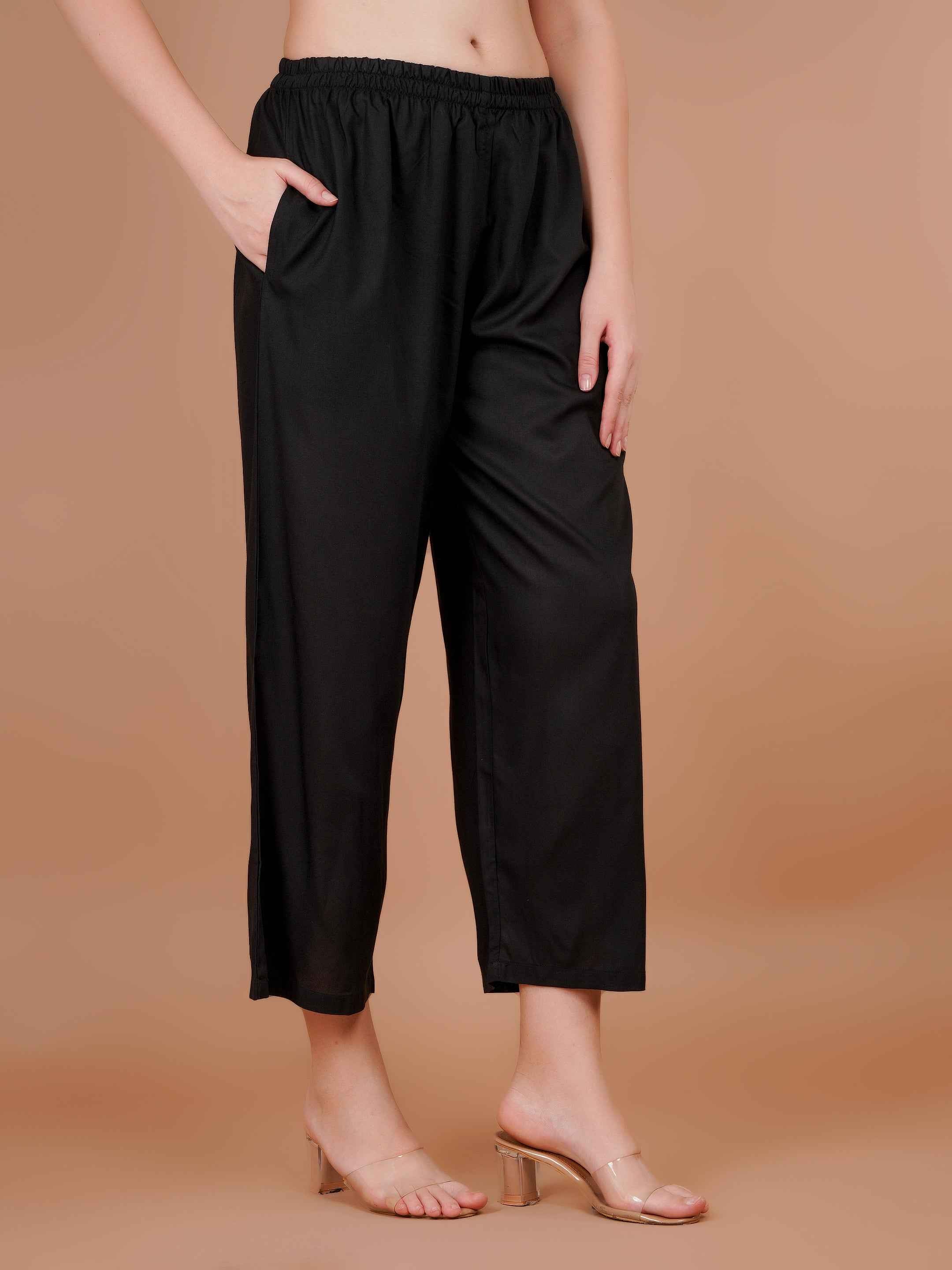Women’s black palazzo pants with elastic waistband and relaxed tapered wide legs