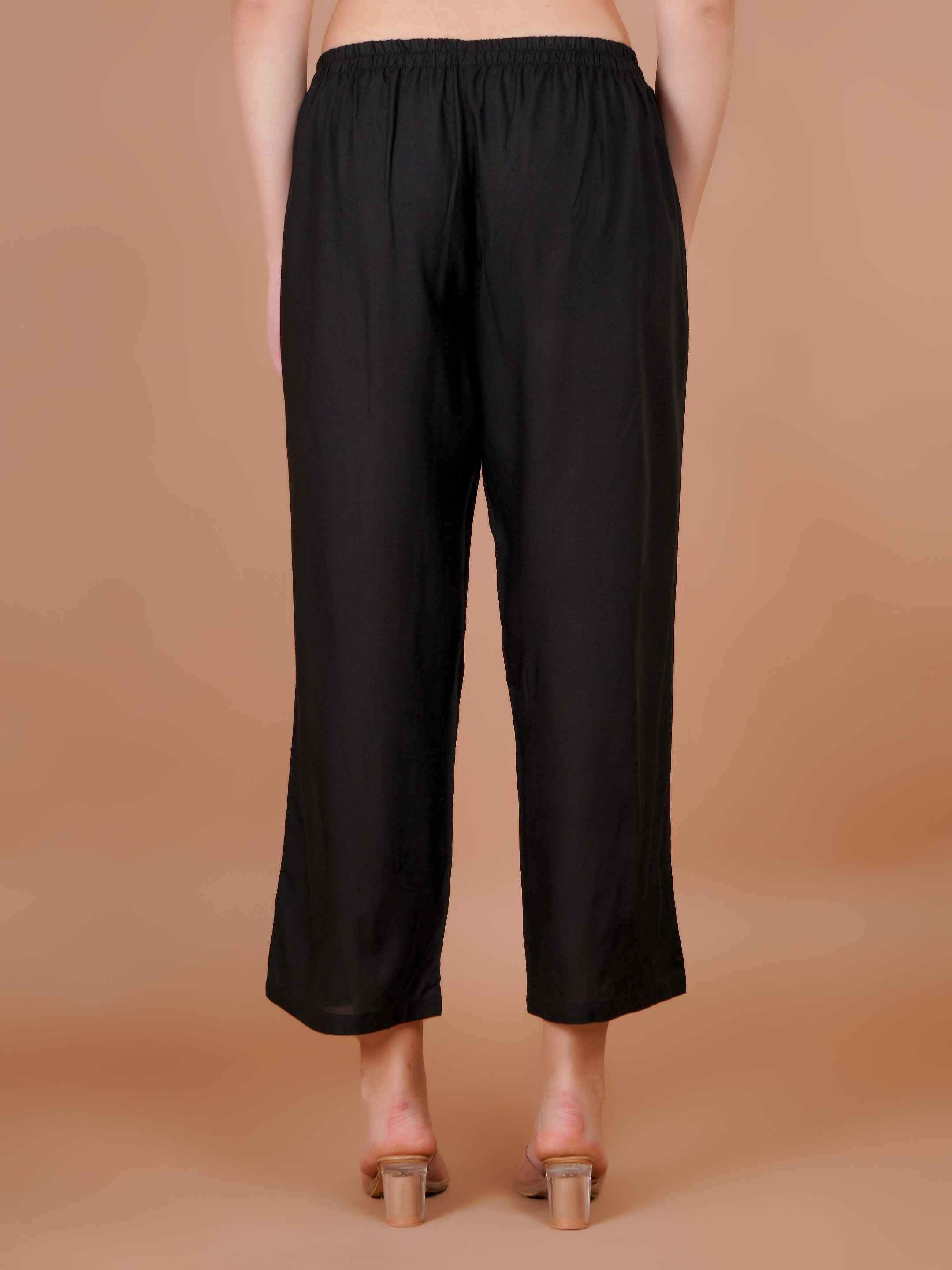 Women’s black palazzo pants with elastic waistband and straight wide legs