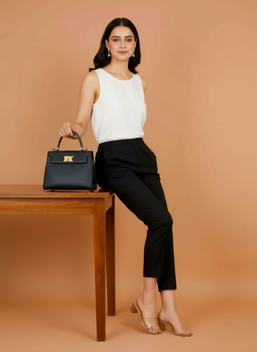 Women's black cropped trousers with elastic waistband, straight leg.
