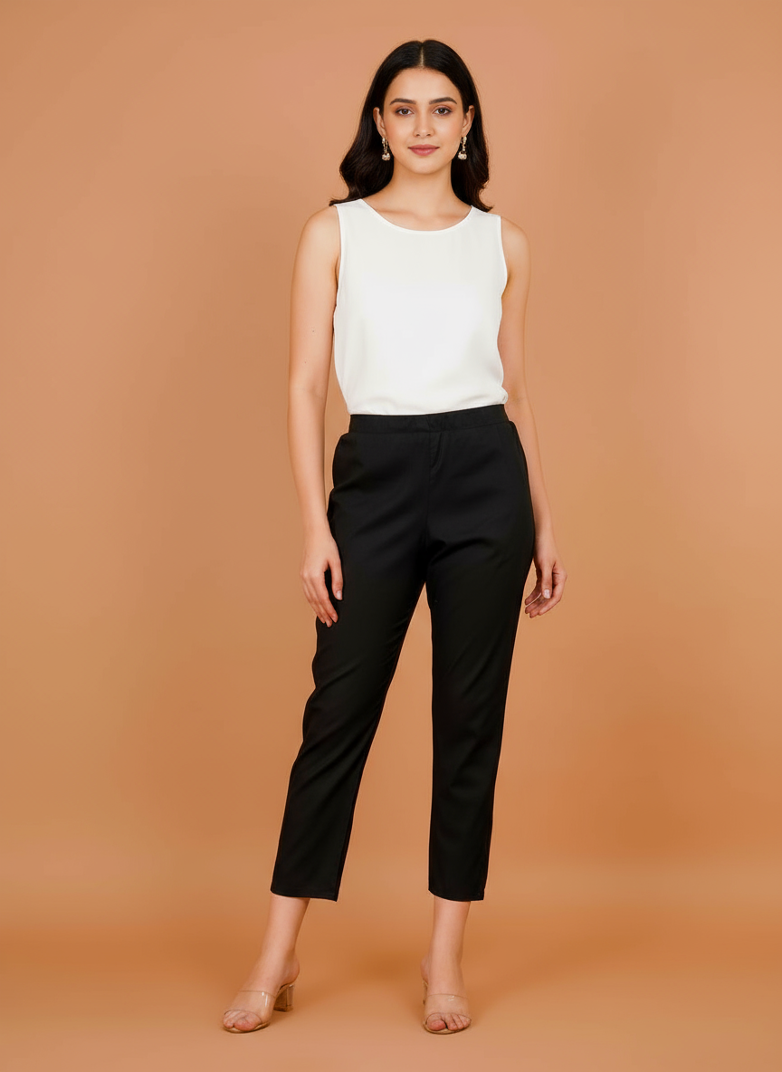 Women's black cropped trousers with elastic waist and tapered straight legs.