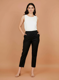 Women's black cropped trousers with elastic waistband and side creases.