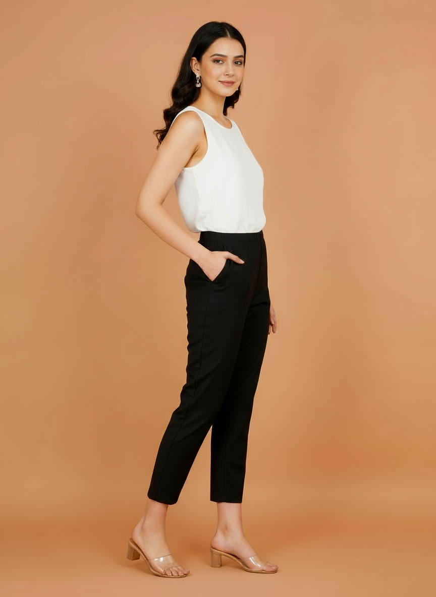 Women's black cropped trousers with elastic waistband and ankle-length straight leg.