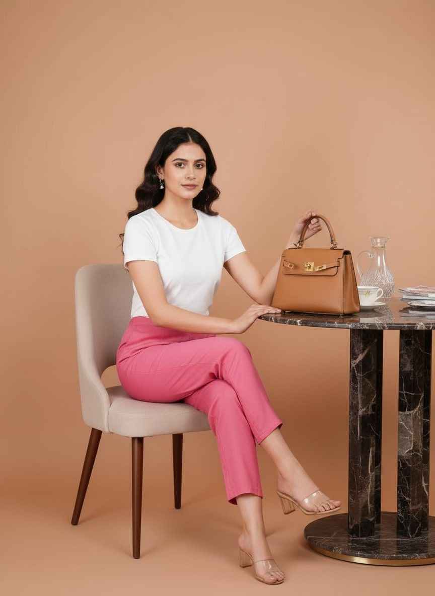 Women’s pink ankle-length trousers with straight legs and elastic waist