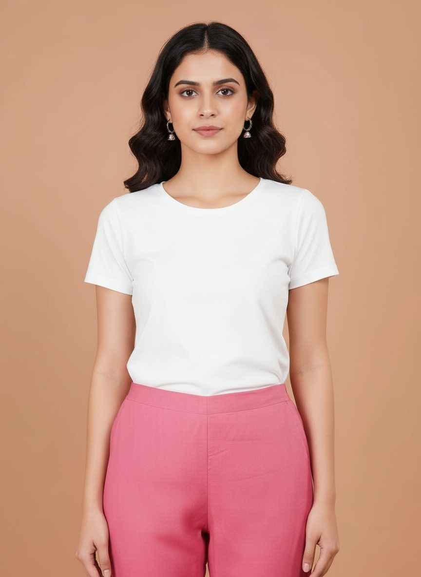 Women’s pink trousers with elastic waistband, smooth straight-leg fit