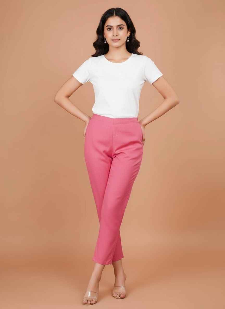 Women’s pink formal trousers with elastic waistband and tapered straight-leg shape
