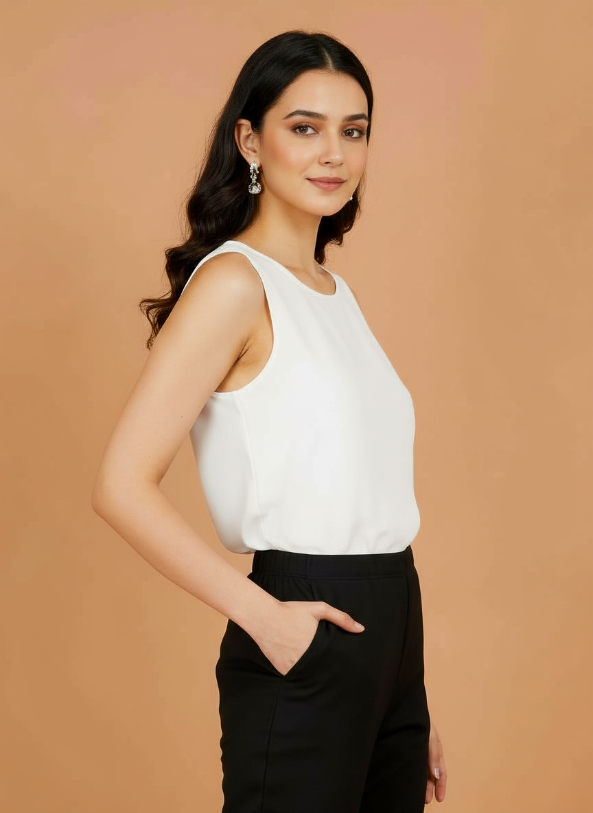 Women's black cropped trousers with elastic waistband, smooth front panel.